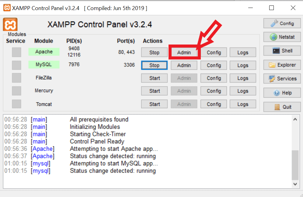 open php admin settings from xampp control panel