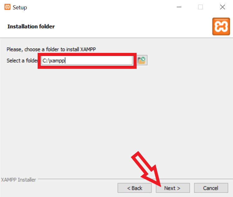 select installation folder for xampp and click next