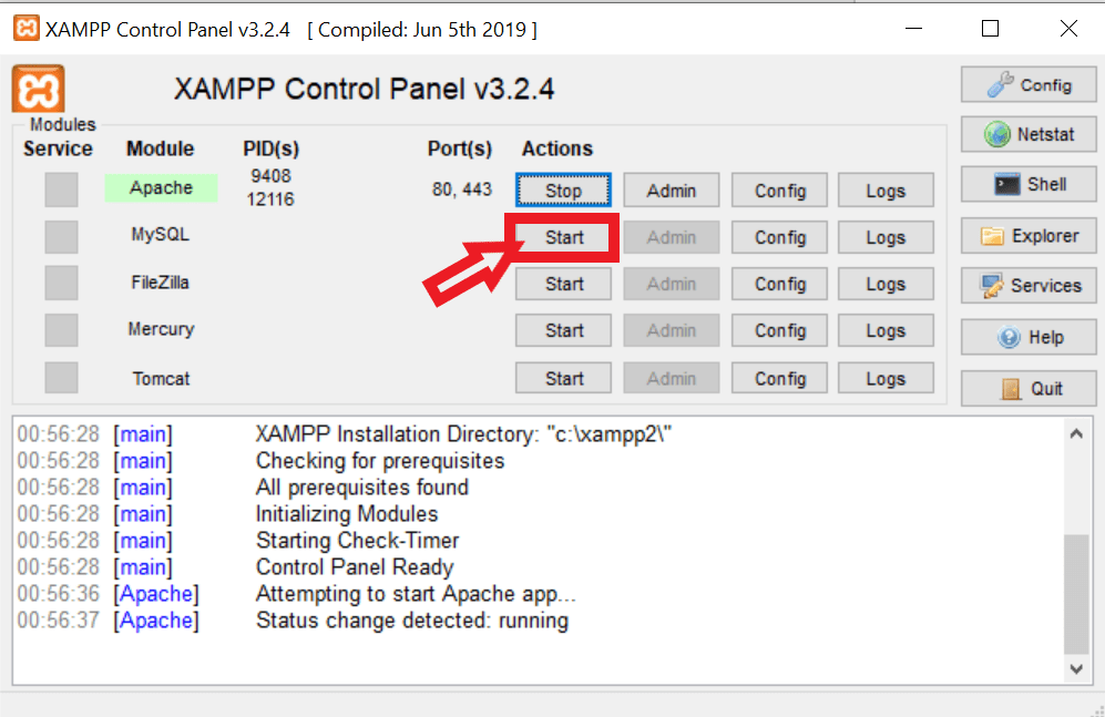 start php and mysql from xampp control panel