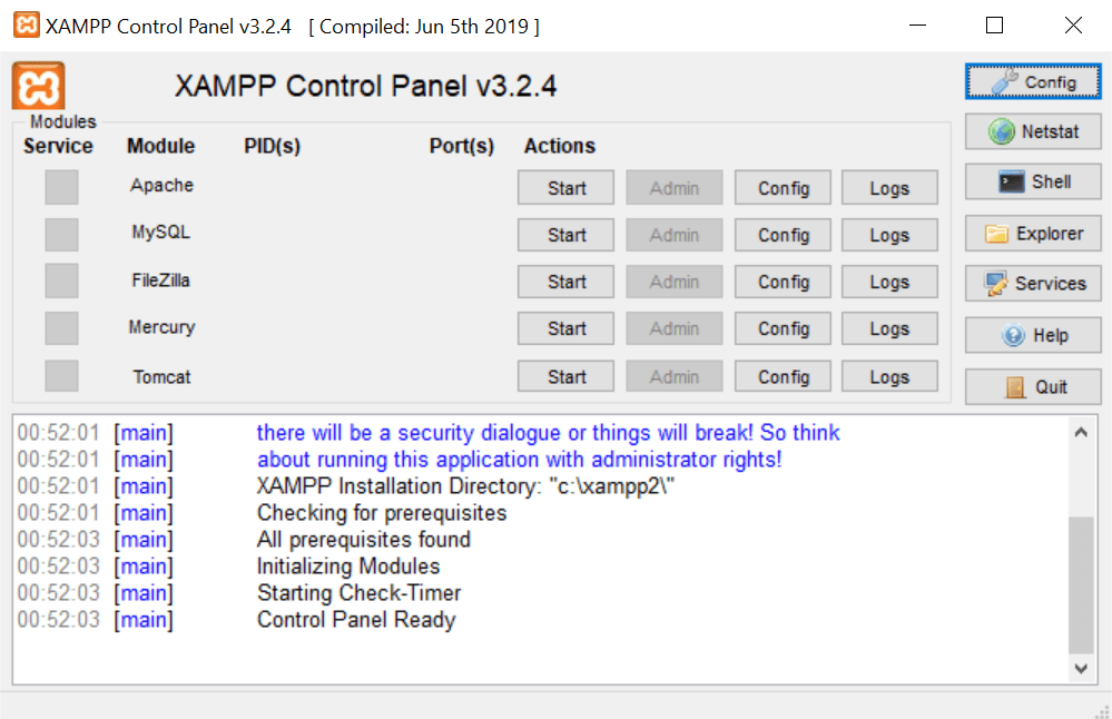 xampp 3.2.4 control panel in windows 10